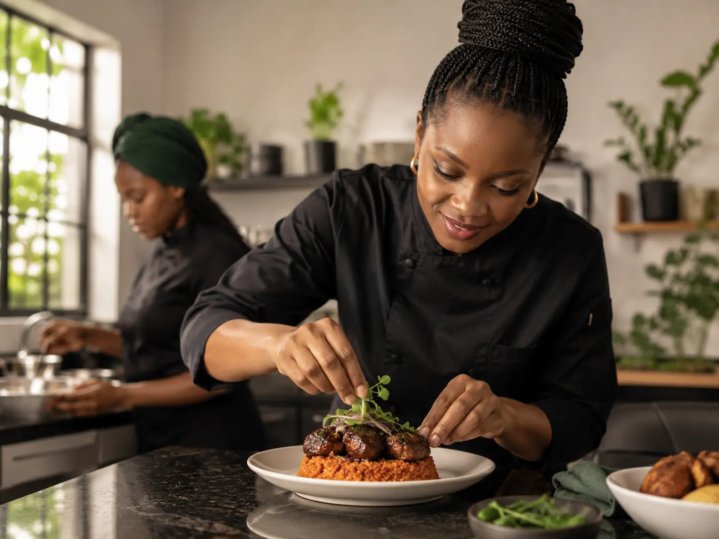 Nigerian caterer preparing a plated meal